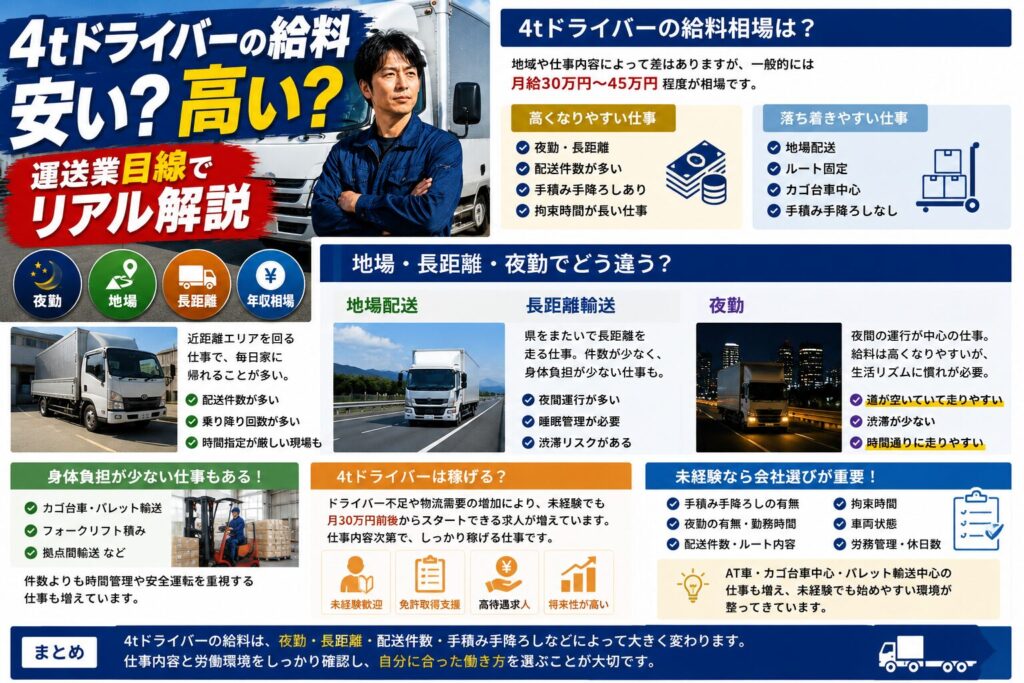 4tドライバーの給料相場や夜勤・地場・長距離の違いを解説した比較画像
